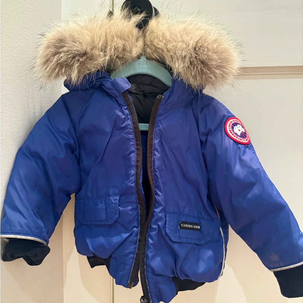 Blue Canada Goose Fur Trim Hooded Down Bomber Jacket Coat 12-18M